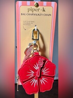 NWT Piper K Red Hibiscus Flower Bag Charm Coin Pouch Key Chain